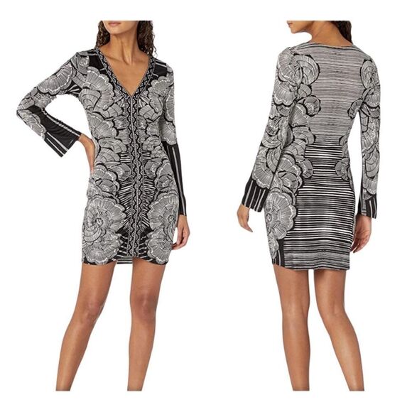 NEW Hale Bob Ruched Dress Silk Pullover Long Sleeves Black White Stretch Women M - Picture 1 of 10